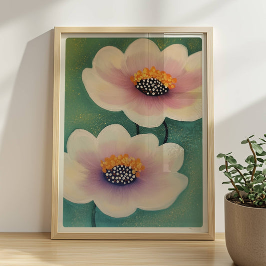 Zwei elegante Wasserlilien in Weiß und Rosa mit goldgelben Staubgefäßen und gepunkteten Zentren auf einem zartgrünen Hintergrund – stilvolle Flower Arts Illustration.. Rahmen natur 30x40
