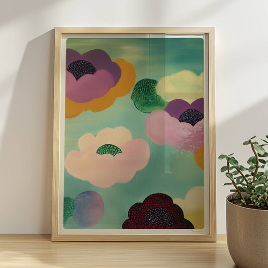 Abstrakte bunte Blütenwolken in Rosa, Lila, Rot und Grün mit gepunkteten Zentren vor einem sanft türkisfarbenen Hintergrund – moderne Flower Arts Illustration.. Rahmen natur 30x40