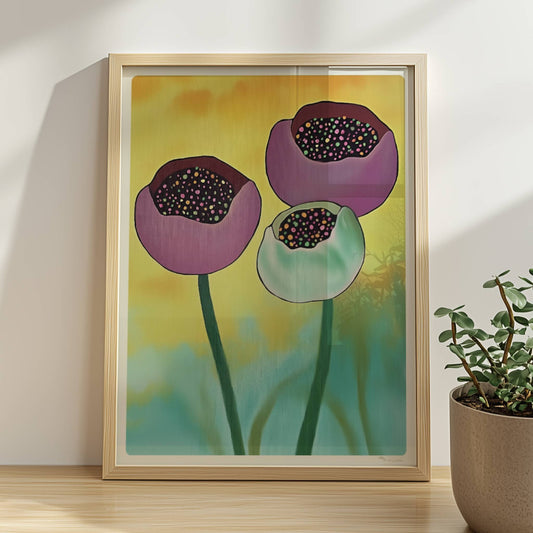 Drei stilisierte Mohnblumenknospen in Violett und Mintgrün mit bunten Punkten im Inneren vor einem gelb-orange verlaufenden Hintergrund – dekorative Flower Arts Illustration.. Rahmen natur 30x40