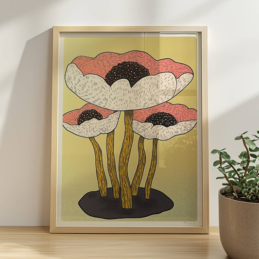 Drei große stilisierte Mohnblumen in Weiß und Rosa mit schwarzen Zentren und langen gelben Stielen vor einem weichen gelben Hintergrund – moderne Flower Arts Illustration.. Rahmen natur 30x40