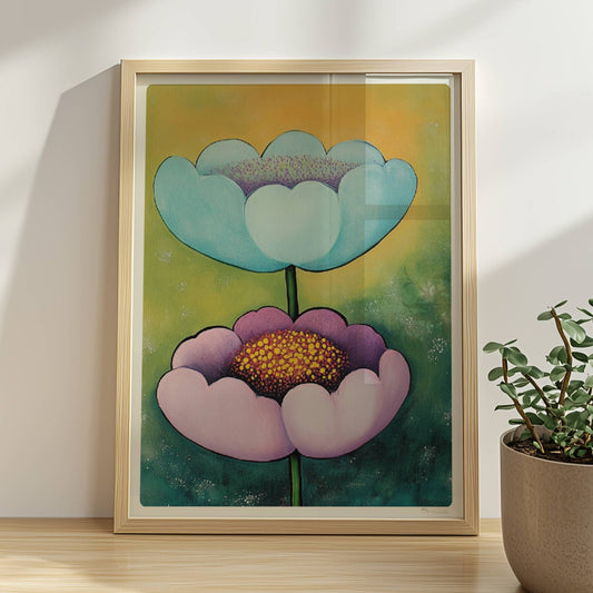 Zwei große stilisierte Mohnblumen in Hellblau und Flieder mit goldgelben Staubgefäßen vor einem grün-gelben Hintergrund – dekorative Flower Arts Illustration.. Rahmen natur 30x40