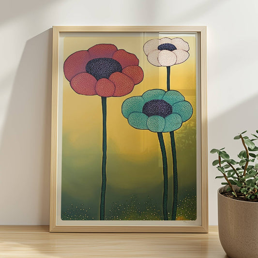 Drei große stilisierte Mohnblumen in Rot, Türkis und Weiß mit dunklen Zentren auf langen grünen Stielen vor einem gelb-grünen Verlaufshintergrund – moderne Flower Arts Illustration.. Rahmen natur 30x40