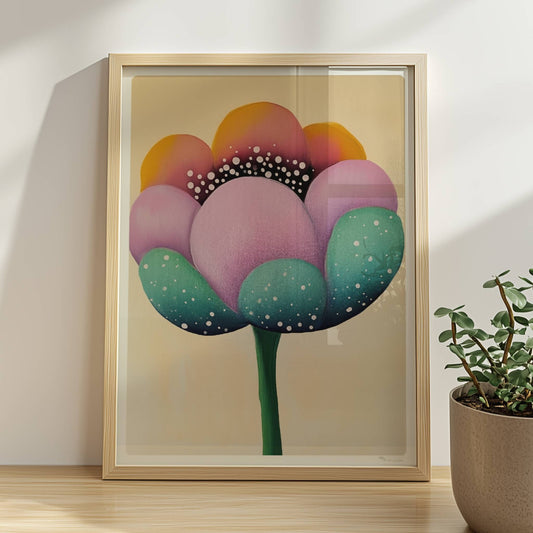 Große stilisierte Blüte in Lila, Türkis und Gelb mit weißen Punkten und dunklem Zentrum auf einem weichen beigen Hintergrund – künstlerische Flower Arts Illustration.. Rahmen natur 30x40