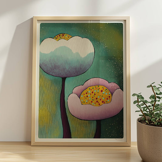 Zwei stilisierte Blüten in Weiß-Lila und Rosa mit bunten gepunkteten Zentren auf einem dunkelgrünen Hintergrund mit zarten goldenen Akzenten – moderne Flower Arts Illustration.. Rahmen natur 30x40