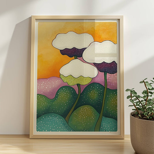 Drei stilisierte weiße Blüten mit dunklen Zentren auf langen grünen Stielen, umgeben von sanft geschwungenen Hügeln in Grün und Lila vor einem orangefarbenen Sonnenuntergangshimmel – dekorative Flower Arts Illustration.. Rahmen natur 30x40