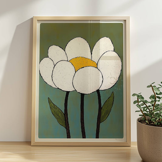 Zwei große weiße Gartenblüten mit goldgelben Zentren und dunkelgrünen Blättern auf einem schlichten grün-blauen Hintergrund – charmante botanische Kunst im Retro-Stil.. Rahmen natur 30x40