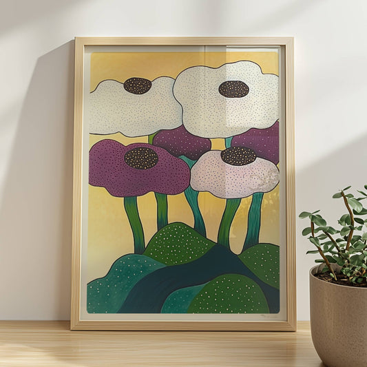 Sechs farbenfrohe Blumen in Weiß, Lila und Violett mit dunklen Zentren wachsen aus einer grünen Hügellandschaft vor einem sonnengelben Hintergrund – fröhliche Gartenkunst im modernen Stil.. Rahmen natur 30x40
