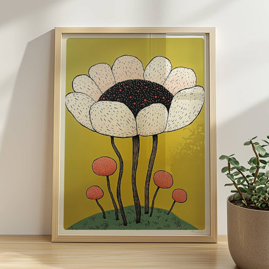 Eine große cremefarbene Blüte mit schwarzem Zentrum und roten Akzenten wächst über kleineren runden Blüten auf einem grünen Hügel vor einem kräftig gelben Hintergrund – verspielte Blumenillustration.. Rahmen natur 30x40