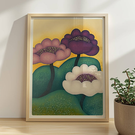 Drei farbenfrohe Blüten in Lila, Violett und Weiß mit gepunkteten Zentren wachsen aus grünen Hügeln vor einem sonnig-gelben Hintergrund – dekorative Gartenkunst im modernen Stil.. Rahmen natur 30x40