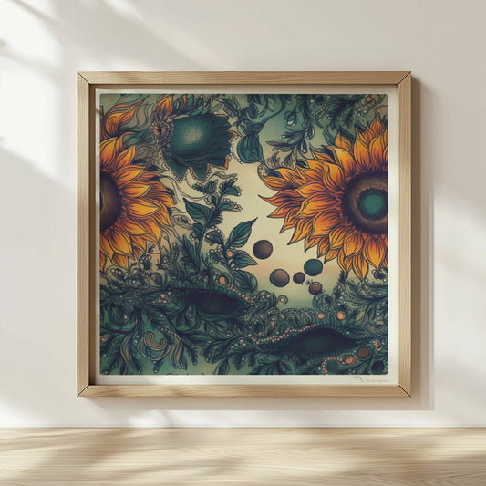 Detailreiche Illustration von zwei leuchtend gelben Sonnenblumen mit grünen Blättern und filigranen Ornamenten auf einem sanft verlaufenden Hintergrund – kunstvolle botanische Wandkunst im quadratischen Format.. Rahmen natur 30x30