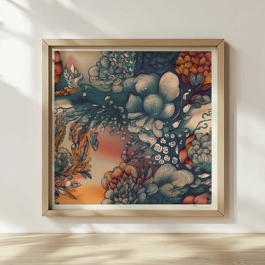 Fantasievolle abstrakte Blumenillustration mit detailreichen Blüten in Blau-, Orange- und Creme-Tönen auf einem warmen Farbverlaufshintergrund – luxuriöse Flower Arts Wandkunst im quadratischen Format.. Rahmen natur 30x30