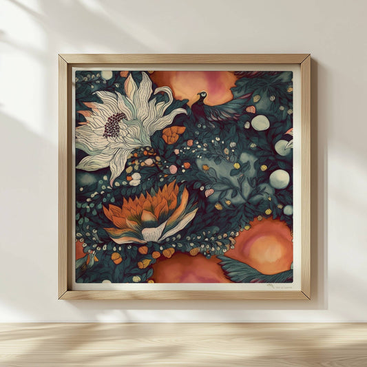 Kunstvolle abstrakte Blumenkomposition mit großen weißen und orangefarbenen Blüten, feinen Blättern und Vögeln auf einem warmen Hintergrund – hochwertige Flower Arts Illustration im quadratischen Format.. Rahmen natur 30x30