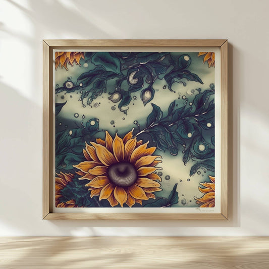 Detailreiche Wandkunst mit leuchtend gelben Sonnenblumen und tiefgrünem Laub vor einem sanft strukturierten Hintergrund – hochwertige Flower Arts Illustration im quadratischen Format.. Rahmen natur 30x30