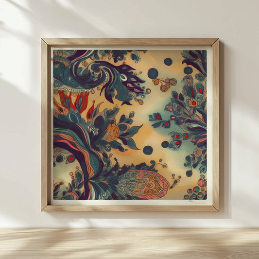 Fantasievolle florale Wandkunst mit dynamischen, abstrakten Formen, inspiriert von botanischen Ornamenten und detailreichen floralen Wirbeln.. Rahmen natur 30x30