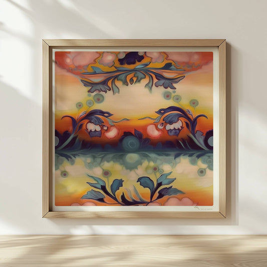 Symmetrische florale Komposition mit ornamentalen Elementen, ideal für dekorative Wandgestaltung im klassischen Stil.. Rahmen natur 30x30