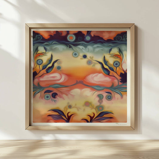 Fantasievolle florale Wandkunst mit surrealem Flair, inspiriert von symmetrischen Ornamenten und warmen Farbverläufen.. Rahmen natur 30x30