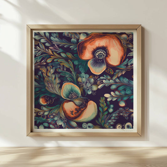 Kräftige, abstrakte Orchideenillustration vor dunklem Hintergrund – detailreich, dekorativ, mit fantasievollen Blättern.. Rahmen natur 30x30