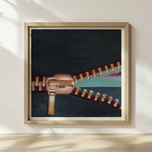 Goldener Reißverschluss öffnet surrealen Horizont mit Himmel.. Rahmen natur 30x30