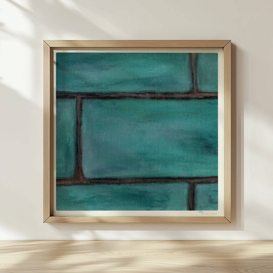 Türkise Backsteinwand mit strukturierten, grünen Kacheln.. Rahmen natur 30x30