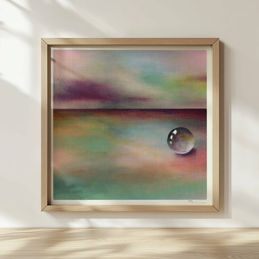 Kugel auf regenbogenfarbener Landschaft mit entferntem Horizont.. Rahmen natur 30x30