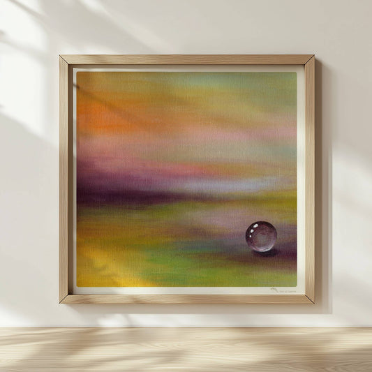 Einzelner Glastropfen in lila-gelber Traumlandschaft, beruhigend.. Rahmen natur 30x30