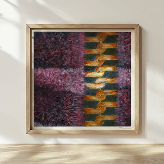 Rosa Fellstruktur mit goldenem Reißverschluss – moderne Modekunst.. Rahmen natur 30x30