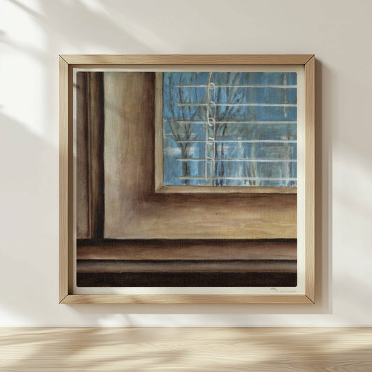 Fensterrahmen mit Ausblick – minimalistische Innenkunst mit ruhiger Stimmung.. Rahmen natur 30x30