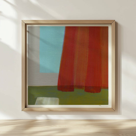 Abstrakte Komposition mit rotem Vorhang, türkisfarbener Wand und grünem Boden – minimalistische Raumdarstellung.. Rahmen natur 30x30