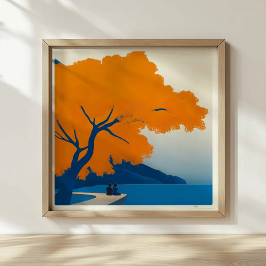 Illustration eines Paares auf einem Steg unter einem leuchtend orangefarbenen Baum an einem ruhigen Frühlingssee.. Rahmen natur 30x30