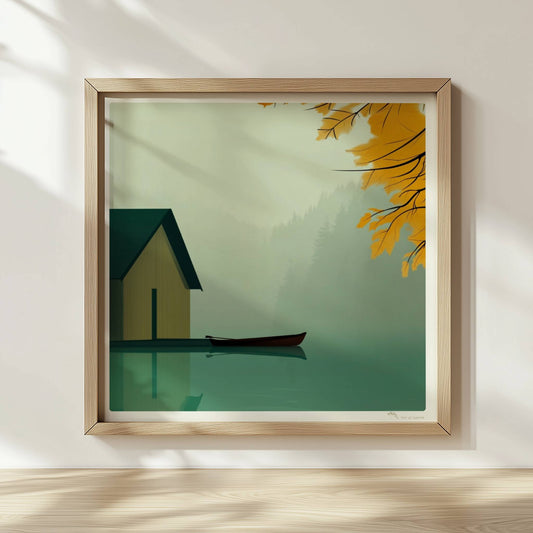Stillleben eines Bootshauses mit Ruderboot auf einem nebligen See, eingerahmt von gelbem Herbstlaub.. Rahmen natur 30x30