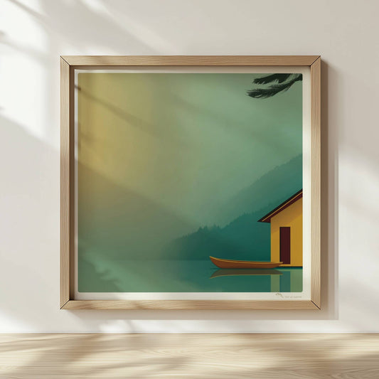Minimalistisches Bootshaus in Gelb mit Ruderboot am ruhigen See im Morgendunst, Tannen im Hintergrund.. Rahmen natur 30x30