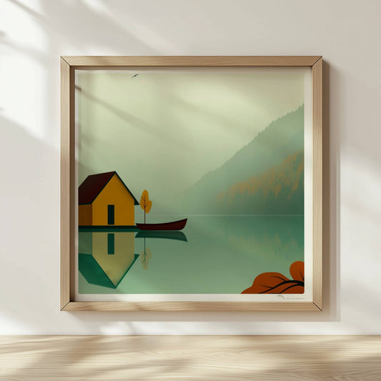 Gelbes Bootshaus mit Ruderboot auf ruhigem See im Nebel, Herbstfarben und reflektierende Wasseroberfläche.. Rahmen natur 30x30