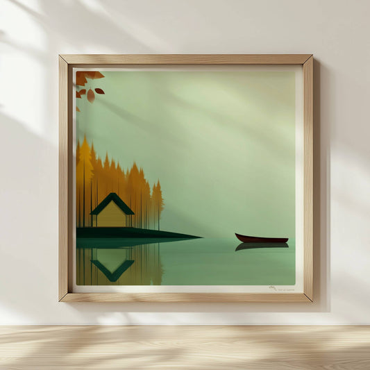 Gelbes Häuschen am See mit grünem Dach, umgeben von herbstlichen Bäumen und einem ruhigen Kanu auf spiegelndem Wasser.. Rahmen natur 30x30