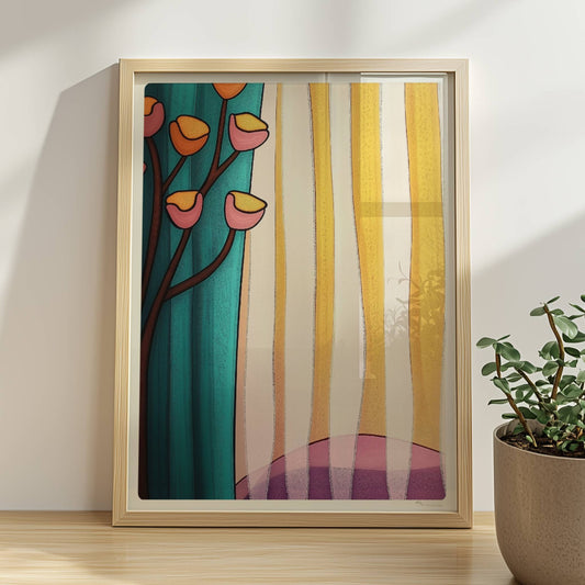 Verspielte Blumen in Gelb und Rosa vor gestreifter Gardine in Türkis und Sonnengelb, abstrakter Innenraum.. Rahmen natur 30x40