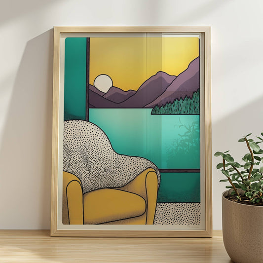 Gelber Sessel vor großem Fenster mit Blick auf violette Berge bei Sonnenuntergang, türkisfarbener Innenraum.. Rahmen natur 30x40
