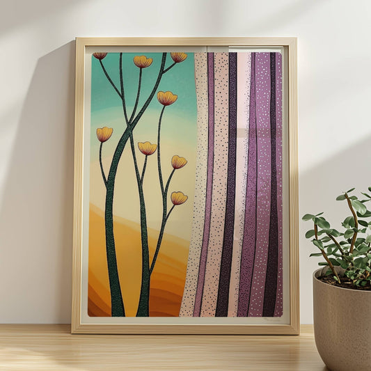 Stilisierte gelbe Blumen vor pastellfarbenem Horizont mit lilafarbenen Vorhängen, grafischer Innenraum.. Rahmen natur 30x40
