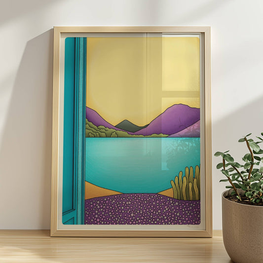 Grafischer Blick durch ein offenes türkisfarbenes Fenster auf einen See mit lila Bergen und gelbem Himmel.. Rahmen natur 30x40