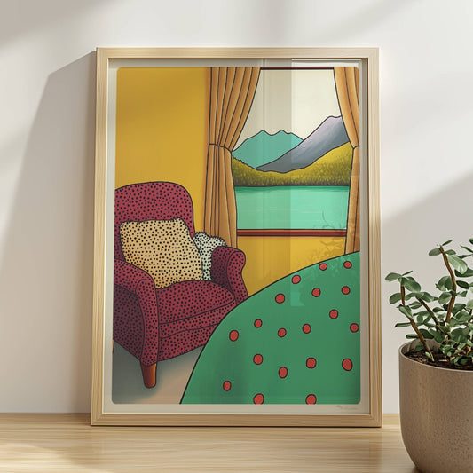 Gemütlicher roter Sessel vor einem Fenster mit Blick auf türkisen See, grüne Wälder und blaue Berge.. Rahmen natur 30x40