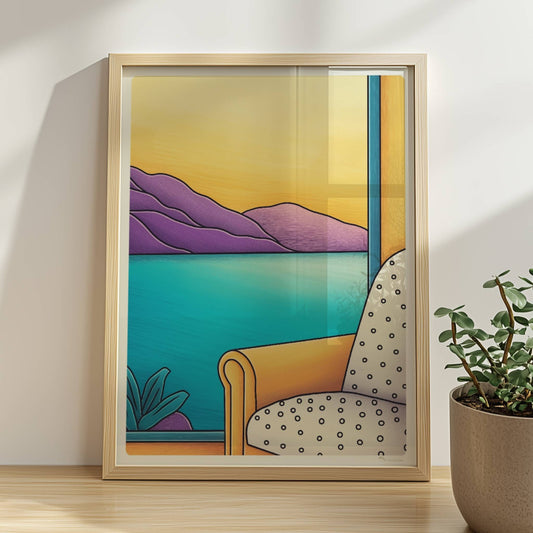 Gelber Sessel vor großem Fenster mit Blick auf türkisblauen See und lila Berglandschaft im Sonnenuntergang.. Rahmen natur 30x40