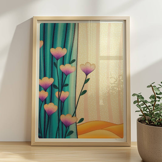 Lila und gelbe Blüten vor türkisfarbenem Vorhang mit goldenem Wellenmuster im Hintergrund – moderne dekorative Illustration.. Rahmen natur 30x40