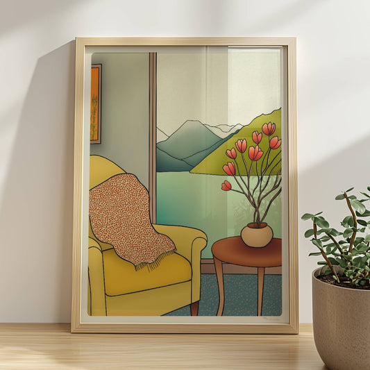 Gelber Sessel mit Decke und Vase mit roten Blüten vor Panoramafenster mit Berg- und Seeblick – gemütliche Wohnszene.. Rahmen natur 30x40