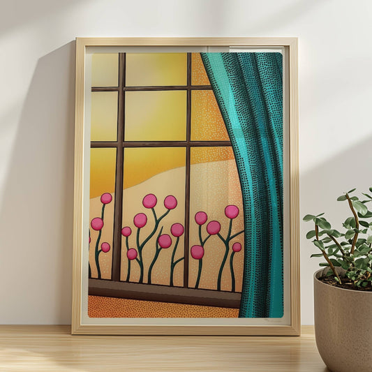 Fenster mit türkisfarbenem Vorhang, pinken Blumen und goldenem Sonnenuntergang – warme, gemütliche Stimmung.. Rahmen natur 30x40
