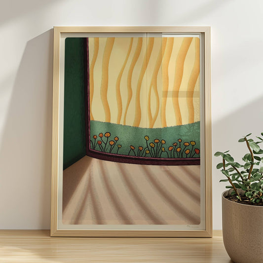 Blumenfeld vor goldenem Vorhang, Sonnenlicht wirft sanfte Schatten auf den Boden – gemütliche Wohnraumszene.. Rahmen natur 30x40