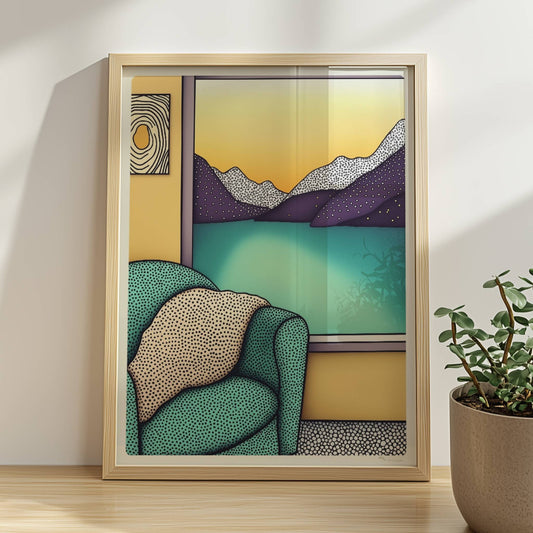 Türkiser Sessel mit Kissen vor großem Fenster mit Blick auf Bergsee und goldenen Sonnenuntergang – gemütliche Raumatmosphäre.. Rahmen natur 30x40