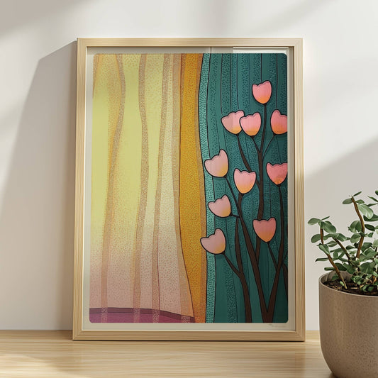 Stilisierte Herzblumen vor einem sonnendurchfluteten Vorhang – lebendige und warme Raumatmosphäre.. Rahmen natur 30x40