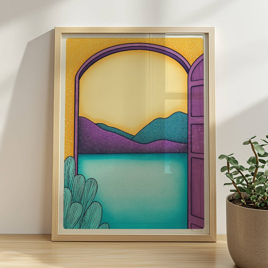 Blick durch einen violetten Torbogen auf türkisfarbenen See und lilafarbene Hügel bei Sonnenuntergang.. Rahmen natur 30x40