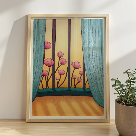 Rosafarbene Blüten vor goldenem Sonnenlicht, eingerahmt von türkisfarbenen Vorhängen und einem eleganten Fenster.. Rahmen natur 30x40