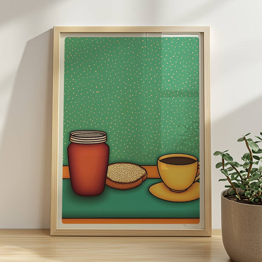 Frühstücksszene mit gelber Kaffeetasse, rotem Marmeladenglas und Toast auf grünem Hintergrund im Retro-Stil.. Rahmen natur 30x40