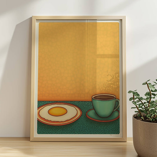 Minimalistische Frühstücksszene mit Spiegelei auf Teller und grünlicher Kaffeetasse vor gelbem Hintergrund im Retro-Stil.. Rahmen natur 30x40