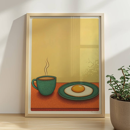 Frühstück mit dampfendem Kaffee und Spiegelei auf einem Teller vor warmem gelben Hintergrund.. Rahmen natur 30x40